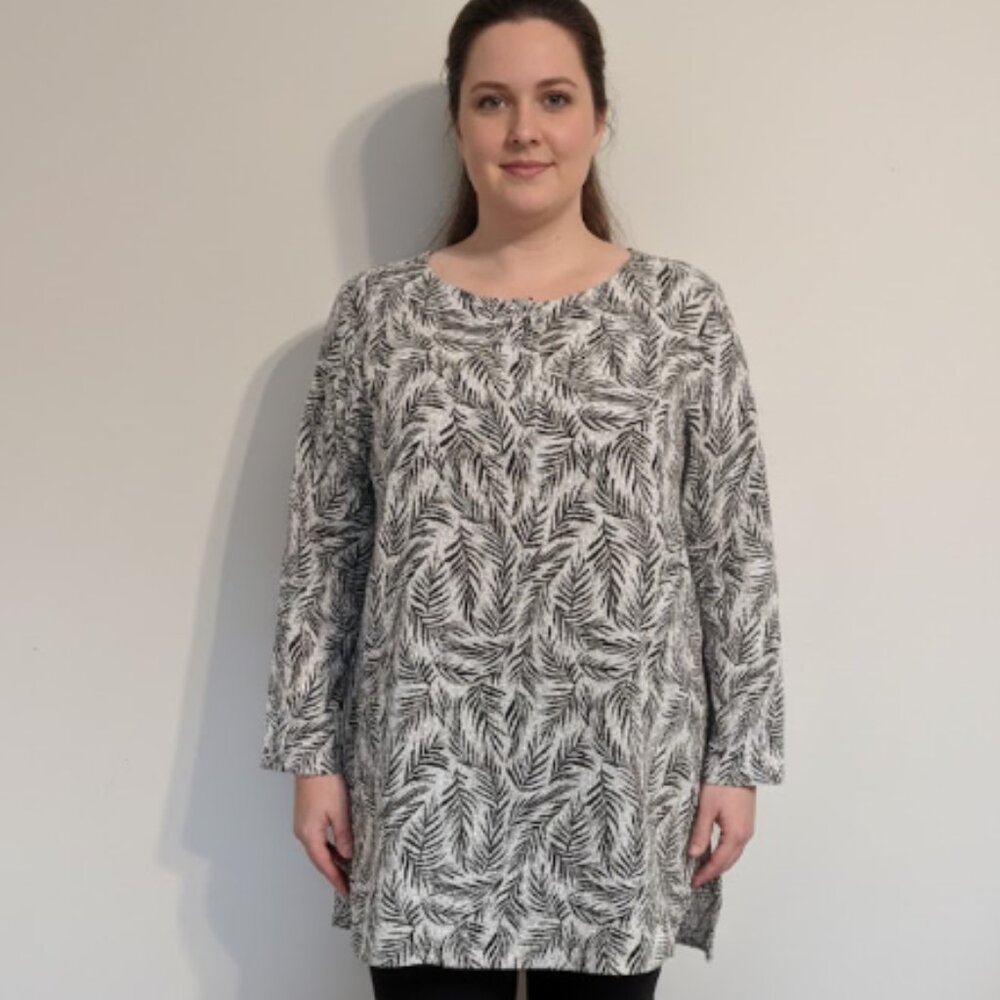 Tahari 100% Linen Shirt 2X European Flax Leaf Print Roll-Tab Coastal Lagenlook